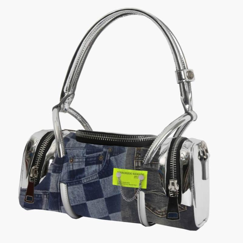 54-mirror-zoo-street-fashion-checkered-pattern-denim-patchwork-cylinder-shaped-bag