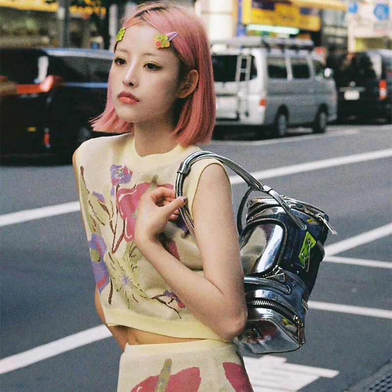 Japnese-high-street-fashion-chic-girl-outfit-matched-with-mirrozoo-original-designer-recycled-denim-patchwork-shoulder-bag