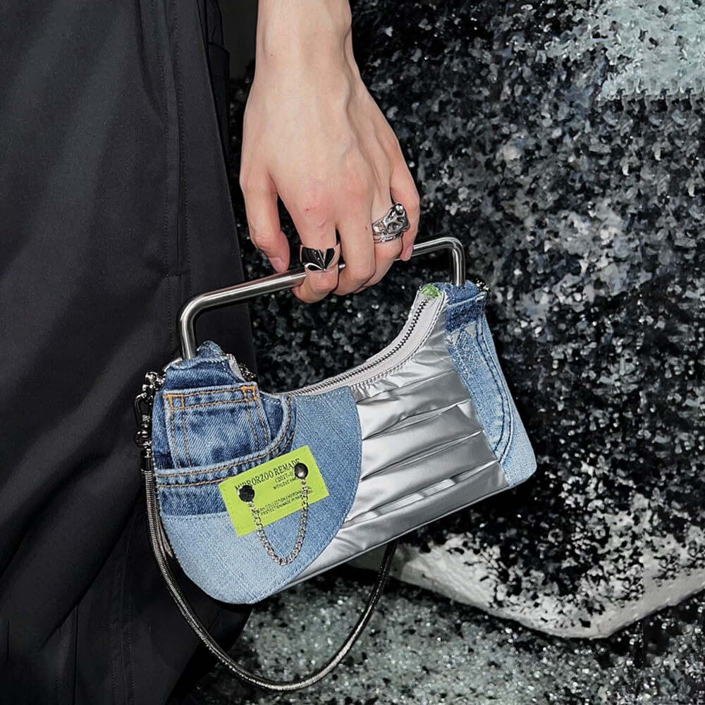 Mirror-Zoo-Denim-Patchwork-Silver-Metal-Top-Handle-Bag