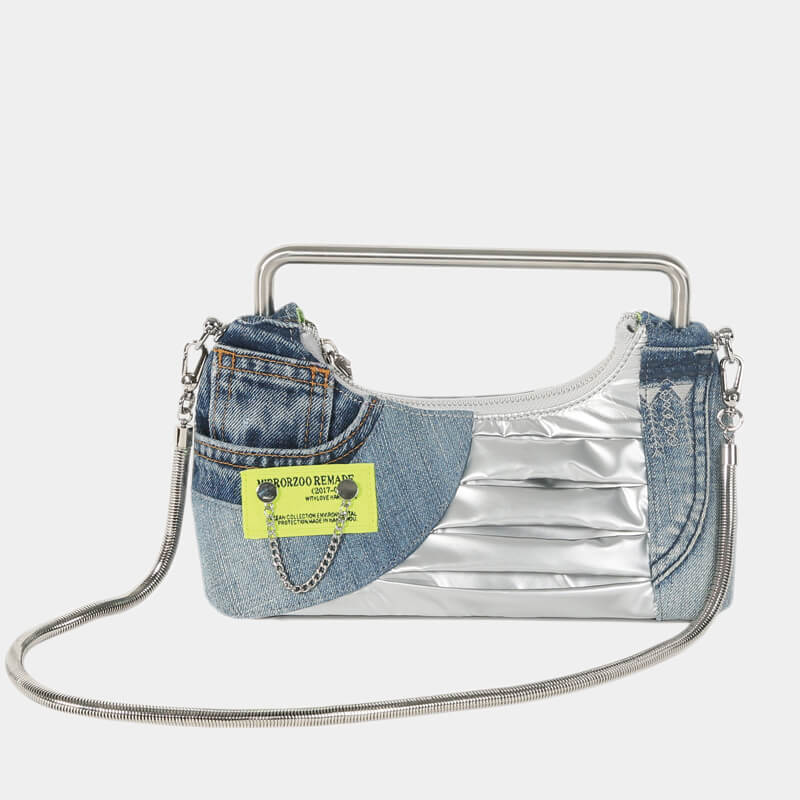 Modern-Upcycled-Denim-Patchwork-Bag-with-Silver-Top-Handle