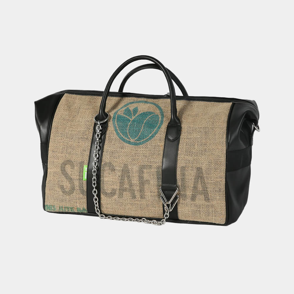 Recyled-Coffee-Sacks-And-Black-PU-Large-Duffel-Bag