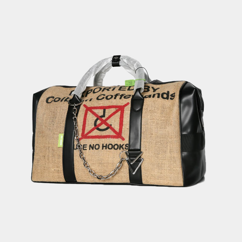 Upcycled-Coffee-Sack-Duffel-Bag-With-NO-HOOKS-Sign-Graphic